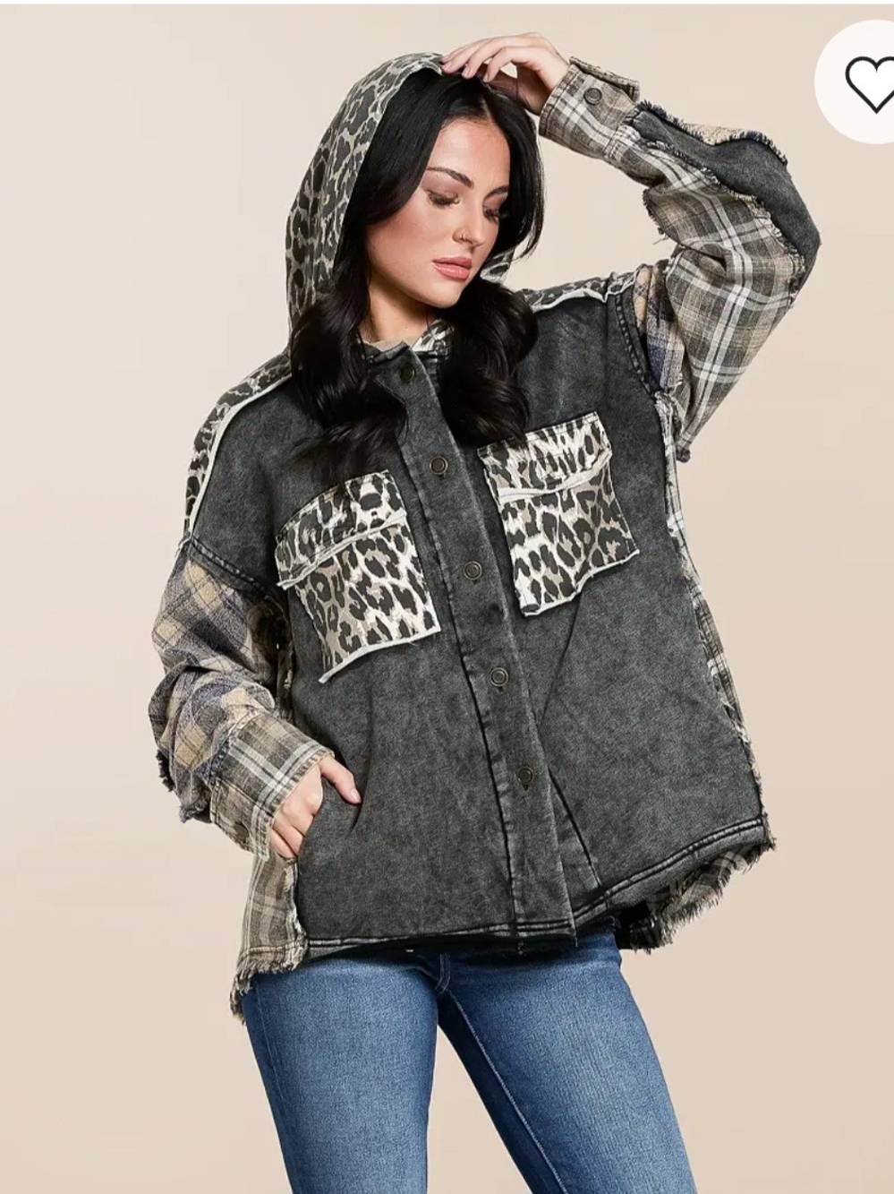 Womens Mixed Cheetah Hooded Shacket - Picture 3 of 7
